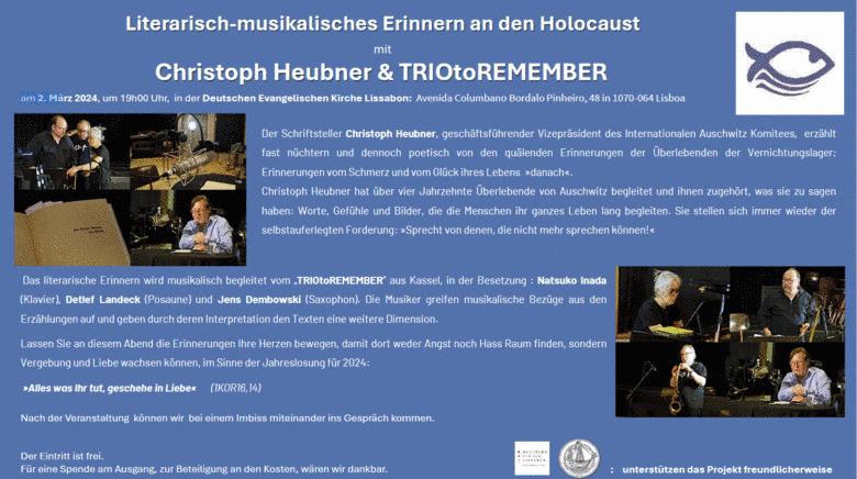 Invitation from the German Evangelical Church Community of Lisbon to a literary and musical remembrance of the Holocaust. Image: DEKL